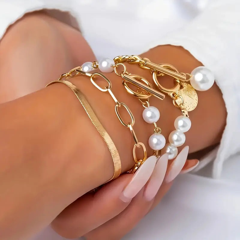 Set di 4 Bracciali Chic Gold – Snake, Perle & Catene | Oro