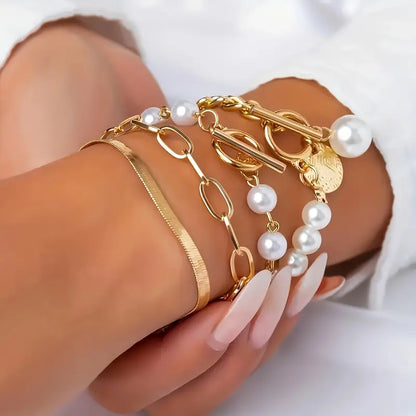 Set di 4 Bracciali Chic Gold – Snake, Perle & Catene | Oro