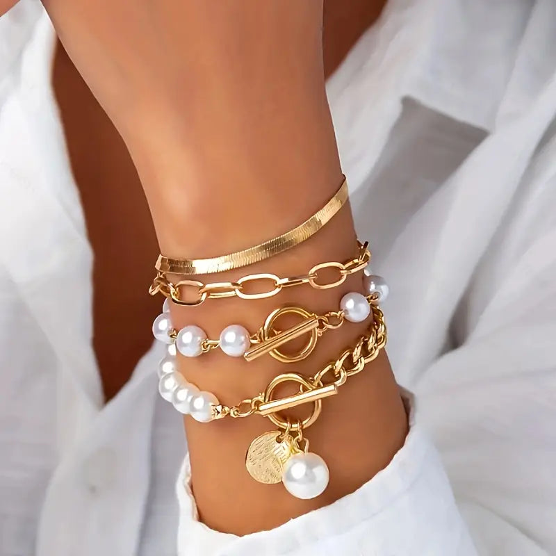Set di 4 Bracciali Chic Gold – Snake, Perle & Catene | Oro