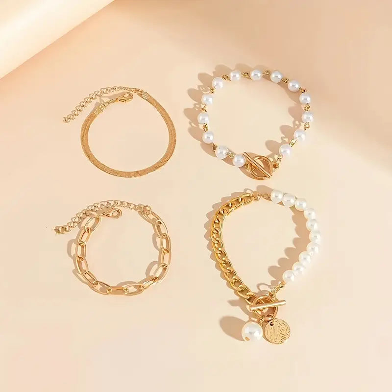 Set di 4 Bracciali Chic Gold – Snake, Perle & Catene | Oro